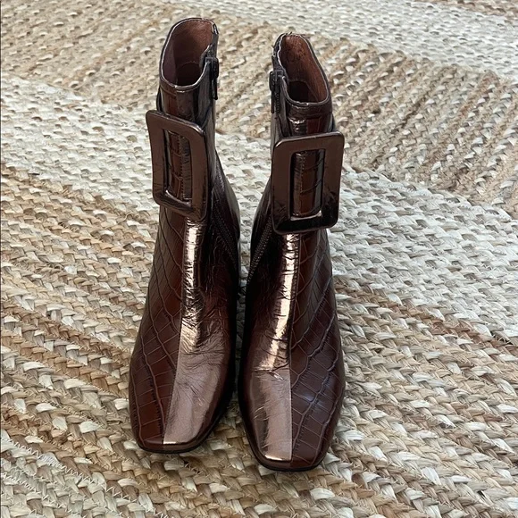 Jeffrey Campbell Croc-Embossed Brown and Metallic Bronze Ankle Boots - Picture 2 of 6